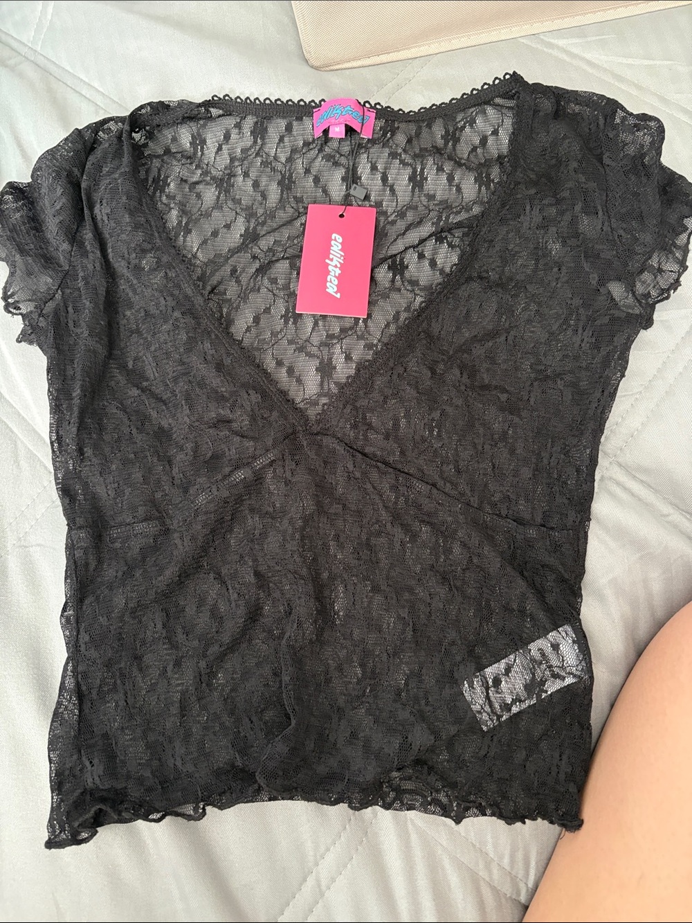 Edikted Sheer Black Lace Wrap-Style Short Sleeve Top